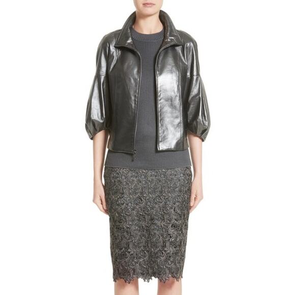 St John Leather Jacket Womens Large Pearlized Steel Gray Quiet Luxury Old Money - Picture 1 of 16